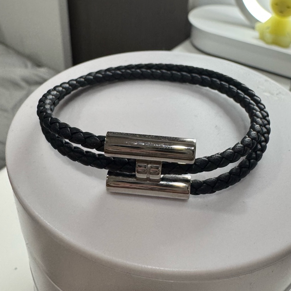 Hermes Black Leather Bracelet with Silver Accent